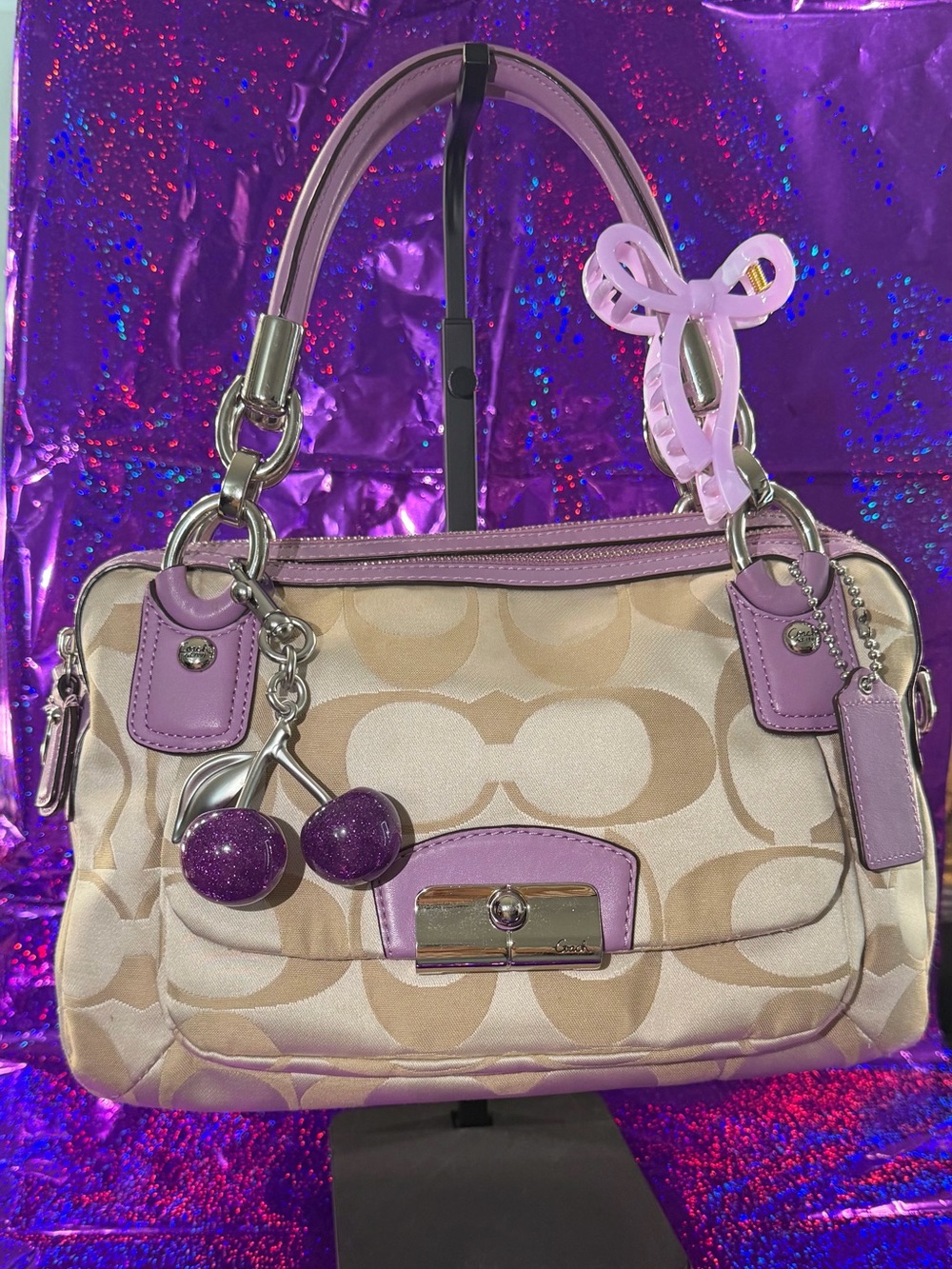 Vintage Coach Kristen Signature Double Zip Satchel with lavender leather trim